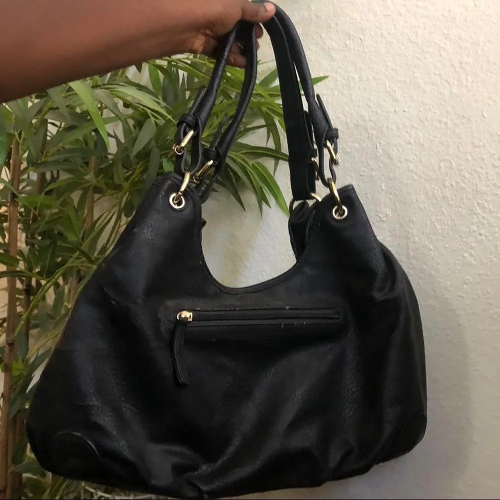 2000s Large Hobo Goth Biker Grunge Black Leather Shoulder Hand Bag Purse Zippers